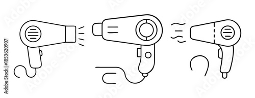 Hair dryer line art icon collection for personal grooming and beauty