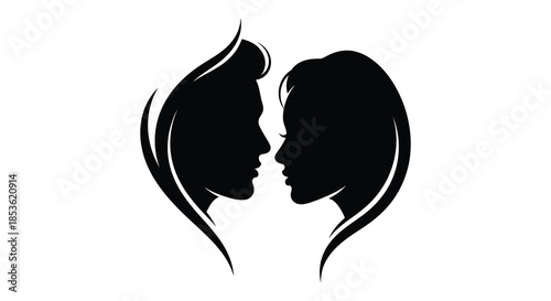 A striking depiction of two faces in profile closely positioned creating a romantic and intimate silhouette