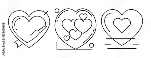 Heart line icons set with various love and care symbols for design
