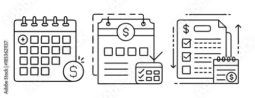 Financial management icons: payment schedule, budget, and due dates