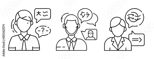 Global language communication and translation process abstract line icon
