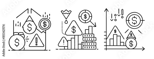Financial market risks and economic trends analysis line icons