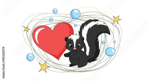 Adorable skunk character sitting next to a large red heart surrounded by colorful swirls and stars and various small blue bubbles.
