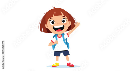 Cheerful young schoolgirl wearing a blue backpack and waving her hand excitedly with a big smile on her way to start a school day.
