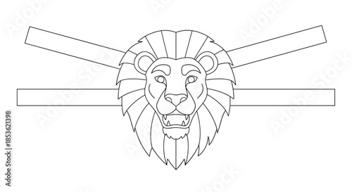 Detailed line art drawing of a lion head with a full mane and an open mouth showing its sharp teeth for a children coloring book.