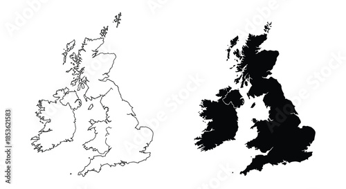 Detailed outlines of the united kingdom and ireland with a striking black silhouette