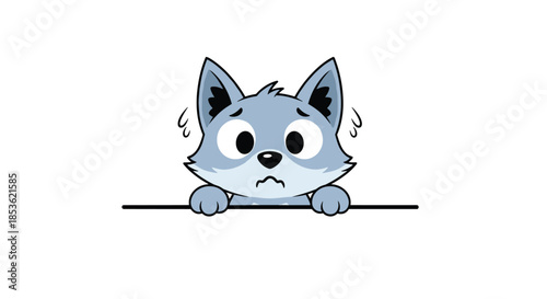 Cute grey wolf character with an anxious or worried facial expression peeking over a simple horizontal black line for a frame.