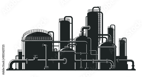 A striking black and white depiction of an industrial complex showcasing pipes towers and tanks silhouette