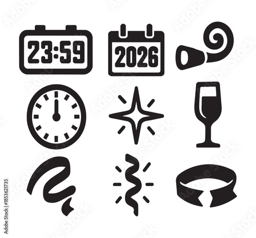 Black and white New Year's Eve icons with clock and party horn celebration