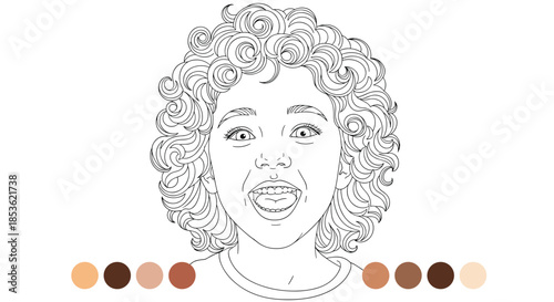 Line art of a laughing girl with big curly hair surrounded by a row of diverse skin tone color circles for children coloring book.