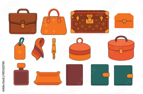 Collection of various bags and accessories in warm tones luggage suitcase