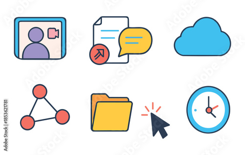 Digital communication and technology icons with cloud and folder video call
