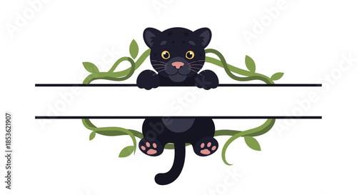 Black panther character peeking over a horizontal white frame surrounded by various green tropical jungle vines and broad leaves.