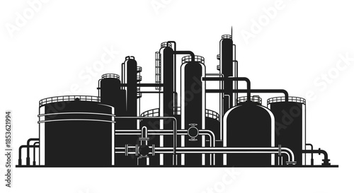 Detailed industrial complex with storage tanks pipes and towers in a striking black silhouette