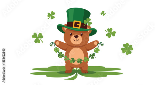Brown bear wearing a green leprechaun hat and holding a shamrock garland to celebrate st patricks day on a large clover base.