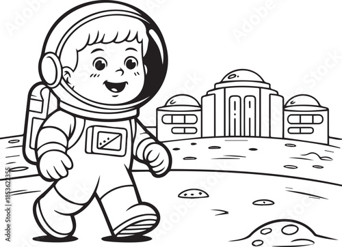 Astronaut boy walking on moon with base scene outlines vector illustration