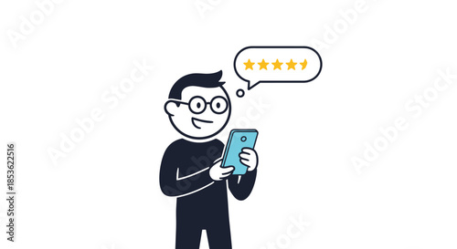 Enthusiastic man using a smartphone to give a five star rating in a speech bubble reflecting positive customer feedback.