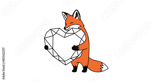 Clever fox holding a large geometric diamond shaped heart to show love and precious feelings in a simple color illustration.