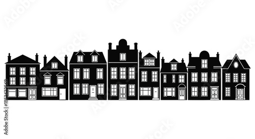 A row of traditional european buildings depicted in a striking black and white silhouette