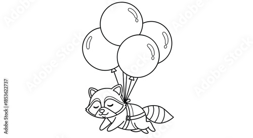 Cute raccoon flying through the air attached to three large round balloons in a whimsical line art drawing for coloring.