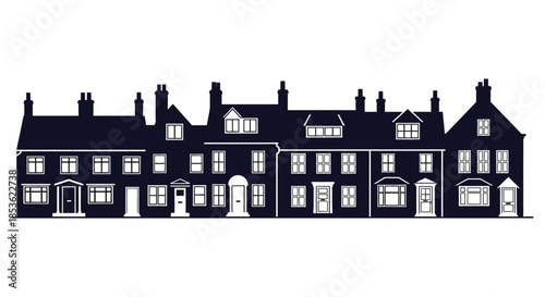 A striking depiction of a row of victorian townhouses in a dark elegant silhouette