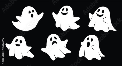 Set of six cute cartoon ghosts with different funny expressions and poses on a solid black background for halloween.