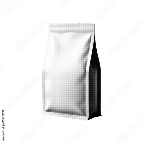 Black and white halftone illustration of a blank paper bag or package standing upright. Minimal packaging mockup template for branding, product design, food, retail, and advertising concept.