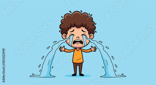 Young boy character crying with dramatic streams of blue tears flowing down and a very sad facial expression on a blue background.