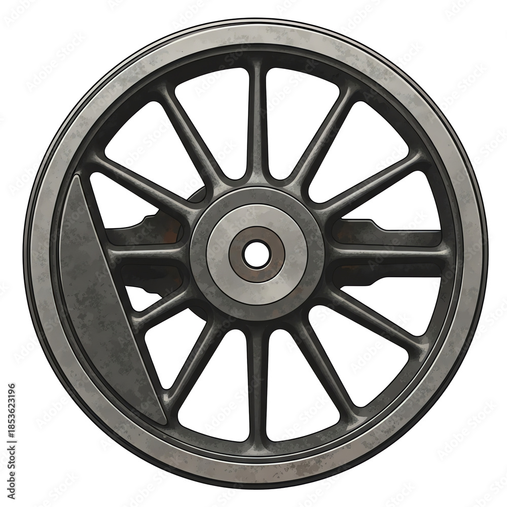 Obraz premium Close-up shot of a metallic wheel with a central hub and multiple spokes on a white background.