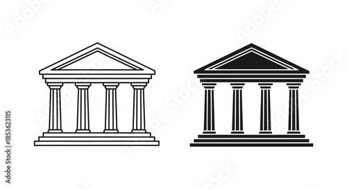 Two classical architectural structures featuring columns and triangular pediments are presented as a clean silhouette