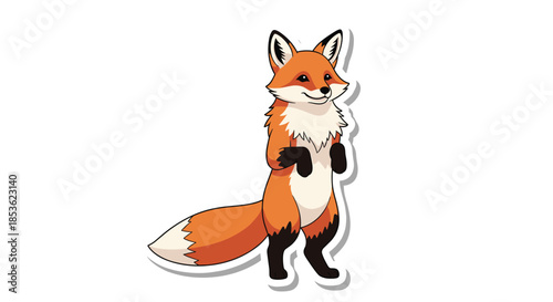 Detailed illustration of a red fox standing on its hind legs with an alert clever expression and a long bushy white tipped tail.