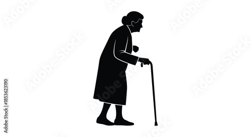 An elderly woman walking with a cane depicted in a stark black and white silhouette