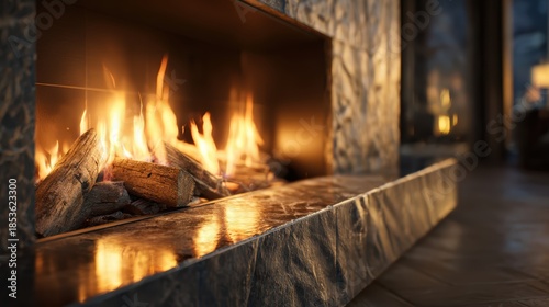 Cozy Fireplace Ambiance: A warm, inviting fireplace creates a serene ambiance, the crackling flames dancing gracefully over the glowing embers, casting a comforting light upon the surrounding stones.