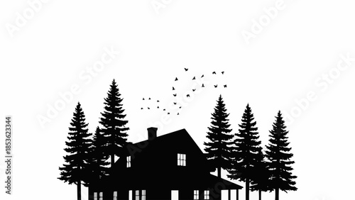 Silhouette of a cabin nestled among pine trees with birds flying above.