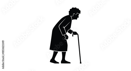 An elderly woman leaning on a cane depicted in stark black and white a striking silhouette