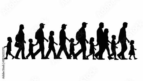 Silhouette of a diverse group of people walking together holding hands.