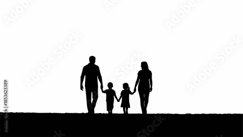 Silhouette of a family walking together holding hands.