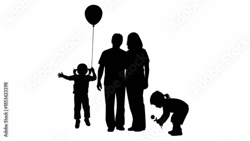 Silhouette of a family with two children and a balloon.