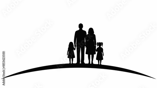 Silhouette of a loving family standing together on a curved horizon.