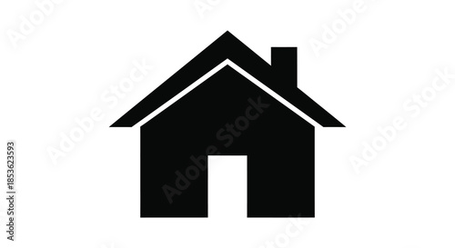A simple black house icon with a pointed roof and doorway a distinct silhouette