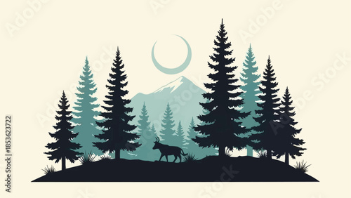 Silhouette of a wolf walking through a pine forest under a crescent moon.