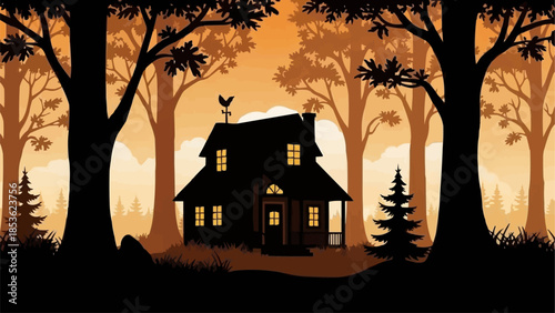 Silhouette of a spooky house in a dark forest at sunset.