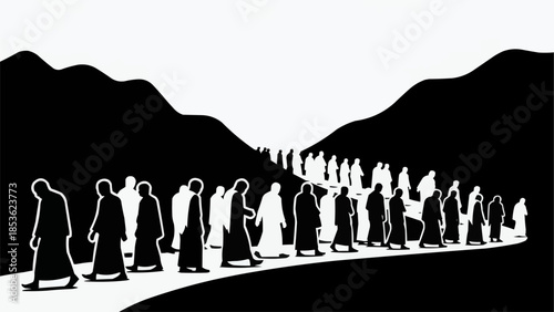 Silhouetted figures walking in a procession on a winding path between hills.
