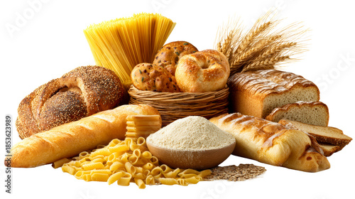 Abundant assortment of bread loaves, pasta, flour, and wheat stalks for bakery and foodrelated projects presented on a white background