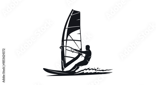 A striking black and white depiction of a windsurfer gracefully riding the waves silhouette