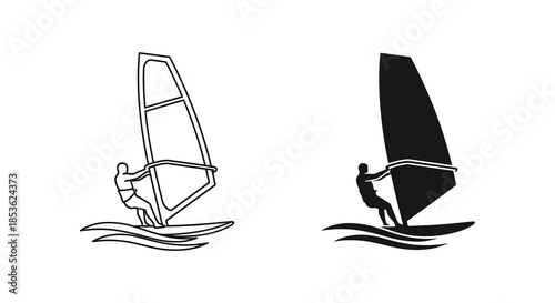 A comparison between a line drawing and a dark silhouette of a windsurfer on waves silhouette