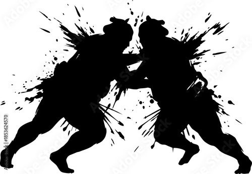 Sumo Wrestlers Tachi-ai Clash Silhouette. Explosive Ink Vector for Asian Games 2026