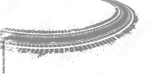 Grungy tire track forming a dynamic curve with dirt splatters on a clean white background