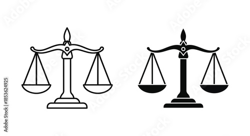 A stark depiction of justice scales balanced and symmetrical presented in a black silhouette