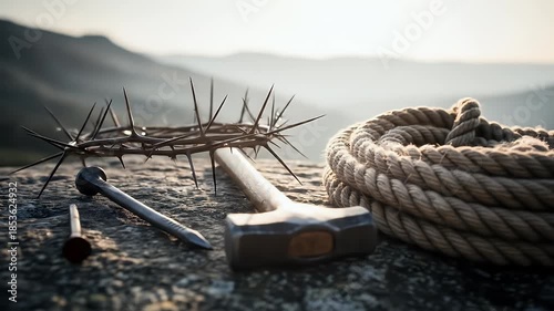 Close up of a crown of thorns nails hammer and rope on a stone surface with blurred mountain background and natural lighting